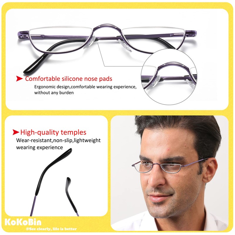 KoKoBin Half Reading Glasses,4 Pack Half Rim Metal Frame Glasses