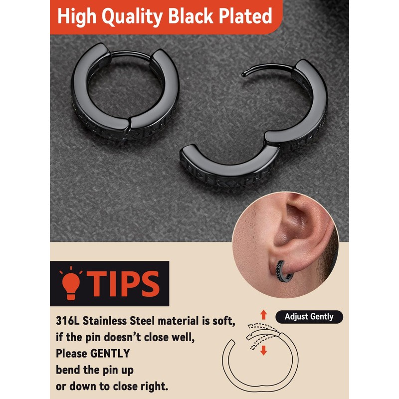 Viking Runes Earrings for Men, Norse Jewellery Stainless Steel Hoop