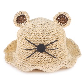 JANGANNSA Baby Girl Straw Hat Outdoor Baby Sun Protection Hats Summer Bowknot Beach Cap for Infant Toddler Girls(Beige Cat,2-5 Years)