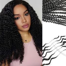 Knotless Pre-Separated Crochet Hair Extensions Human Hair Deep Wave Human Hair Feather Hair Extensions 100% Human Hair Natural Color (Afro curly 1B, 18inch 60g)