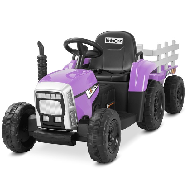 Kidzone 12V 7AH Treaded Tires with Dual 25W Motors Remote Control Battery Powered Electric Tractor with Trailer Toddler Ride On Toy with 3-Gear-Shift 7-LED Lights, MP3 Audio - Purple
