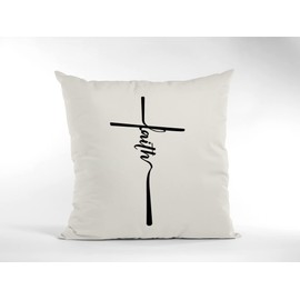 Christian Cushion Cover - Faith Scatter Cushion Home Accessory Pillow Bedroom Christian Cross Jesus - Natural Canvas 40x40cm