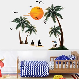 Fanwaoo Coconut Tree Wall Decals Sunset Wall Stickers Black Birds Wall Art Decor for Living Room Bedroom Sofa TV Wall Decoration
