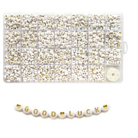 Looconi 1400 pcs Letter Beads A-Z and Elastic String 4×7mm Gold On White Round Acrylic Alphabet Beads and Heart for Jewelry Making