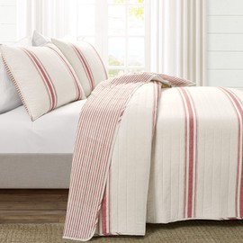 Lush Decor Farmhouse Stripe Reversible Cotton Quilt Set, 3 Piece Set, King, Red -- King Size Bedding Set - Farmhouse Bedroom - Red Quilt - Striped Bedding