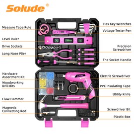SOLUDE Pink Tool Set,130 Piece Home Tool Kit for Women with 3.6V Cordless Rechargeable Screwdriver,Basic Household Tool Kit Set for New Home,Apartment,College Dorm & DIY Projects