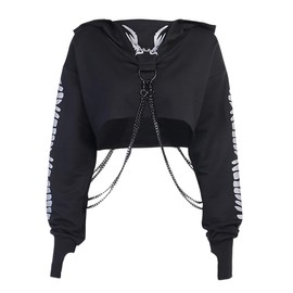XKBHYD Womens Reflective Fishbone Print Hoodies Goth Punk Long Sleeve Sweatshirts Harajuku Alt Tops with Chain Black