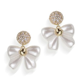 JeanBeau Pearl Bow Dangle Drop Earrings for Women Gold Sparkly Rhinestone CZ White Ribbon Bowknot Earing Dangling Prom Wedding Fashion Jewelry Gift