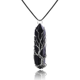 VIBILIA Healing Crystal Necklace Tree of Life Wire Wrapped Natural Black Agate Stone Point Pendant Necklace Hexagonal Reiki Spiritual Quartz Gemstone Jewelry for Women Men - Silver