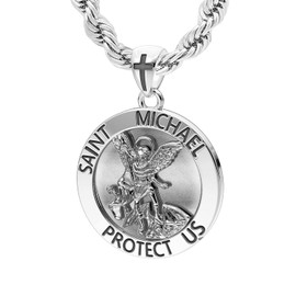 US Jewels Men's 925 Sterling silver 33mm Saint Michael Medal Antique Finish Round Pendant 3mm Rope Chain Necklace, 26in