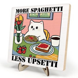 More Spaghetti Less Regretti Cat Print,Diner Wooden Plaque Sign,Bistro Dining Pasta Wooden Desktop Decor, Italian Kitchen Prints Decor,Unique Art for Home kitchen Decor