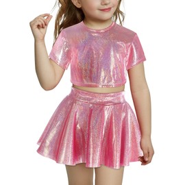 Kids 2 Piece Cheer Practice Outfits for Girls Glittering Skirt and Crop Top Sets Stylish Jazz Dance Costumes Performance Outfit 5-6Y Rose Red