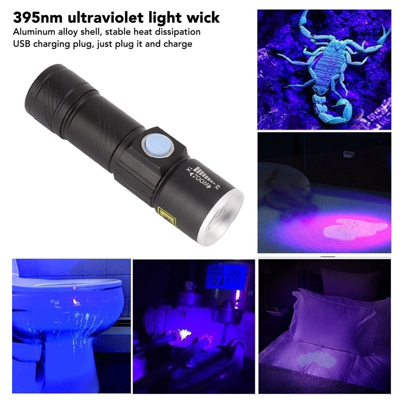 UV Flashlight USB 395nm LED Ultraviolet Black Light Detector for