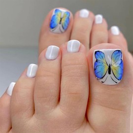 Press on Toenails Short Square Fake Nails Blue Butterfly Designs False Nails Solid Color Acrylic Nails Summer Full Cover Glue on Toe Nails for Women 24Pcs