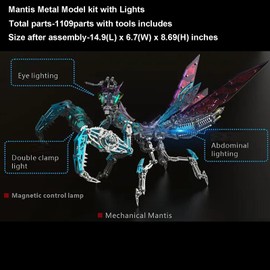 KonHaovF Colorful 3D Metal Puzzles for Adults Mantis Model with Light, DIY 3D Mechanical Mantis Metal Model Kits to Build for Adults with Tool, Desktop Building Toys for Adults/Teens (B)