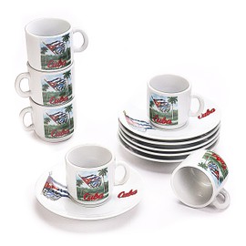 Generic Cuban Expresso Cup Set 6 cups 6 saucers Cuban landscape Total 12 Pieces, Small, White