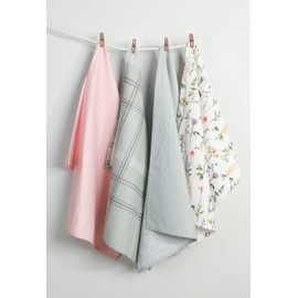 Sleepdown Meadow Floral Printed & Waffle Tea Towels 100% Cotton Half Panama - Super Absorbent Luxury Hotel Quality Kitchen Towel - Pack of 4 - White - 46cm x 65cm