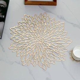 ANAZOZ Placemats for Geometric Tables Set of 6,Placemats Kitchen PVC 14.97 IN,Solid Color with Flower Pattern Table Mat Gold