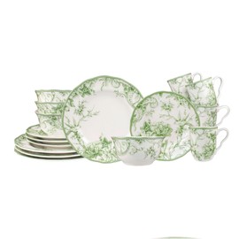 222 Fifth Adelaide Moss 16-Piece Porcelain Dinnerware Set – Service for 4, Plates, Bowls & Mugs, Hand-Applied Decal, Microwave & Dishwasher Safe, for Everyday Dining & Entertainment