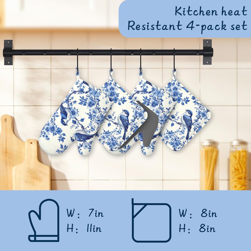 Heat Resistant Pot Holders and Oven Mitts,Retro Birds Extra Long