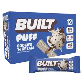 Built Bar, Puff Protein Bars, Cookies 'N Cream Puff, 17g Protein Snacks, On-The-Go Bars, Only 150 Calories, 7g Sugar, Collagen, Not Gluten Free, 12 Count