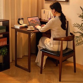 OXBZKMY Bamboo Folding Desk with Storage Shelves, Space Saving Mid Century Modern Bookcase with Drop Down Table, Hide Away Desk for Home Bedroom Study Office