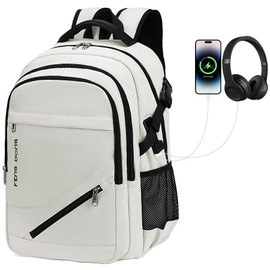 FENGDONG - Mochila para portátil con carga USB y auriculares para portátil de 17.3 pulgadas, Beige, Minimalista