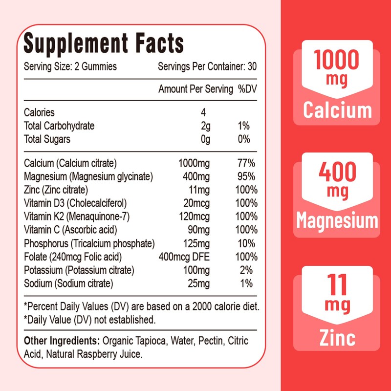 Calcium Magnesium Zinc Gummies with Vitamin D3 & K2, High