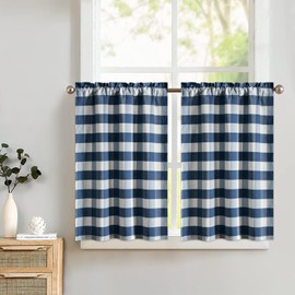 VOGOL Decorative Buffalo Check Design Kitchen Window Curtain Panel Treatment, Blue and White Gingham Plaid Short Window Curtain Pocket Valances Panel Drapes for Cafe, 30x36