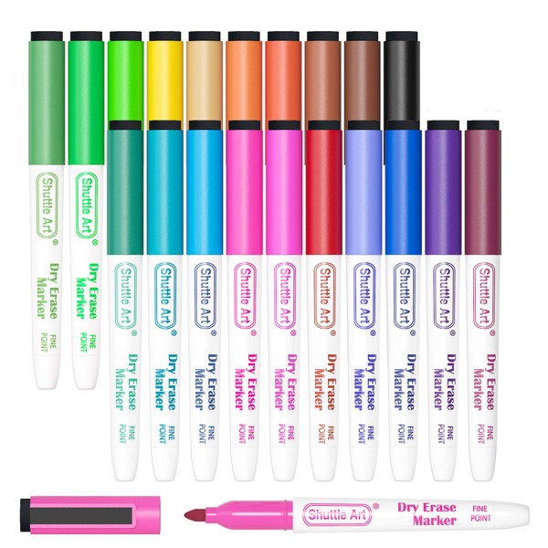 Shuttle Art Dry Erase Markers, 20 Colors with Erase, Fine Point Dry Erase Markers Perfect for Writing on Dry-Erase Whiteboard Mirror Glass for School Office Home