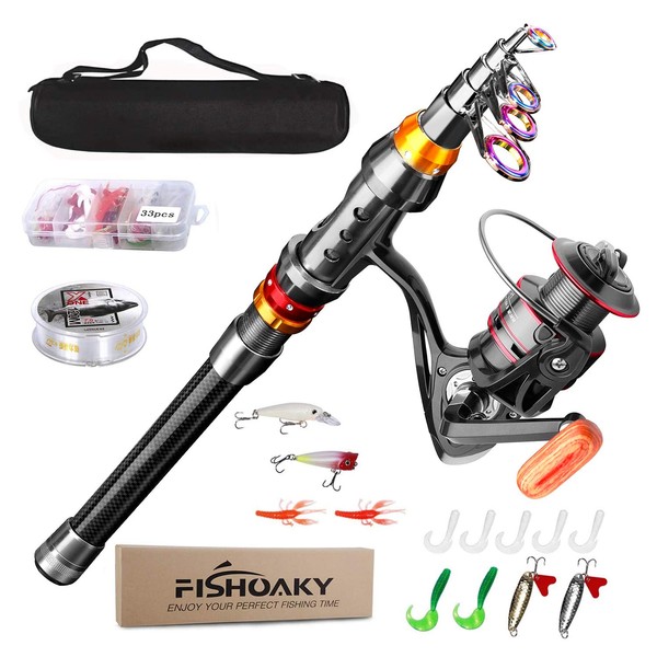 FISHOAKY Telescopic Fishing Rod with Reel, Carbon Fibre Combo Spinning Rod with Reel Line Lures Hooks for Children and Adults | Saltwater & Freshwater (2.1)