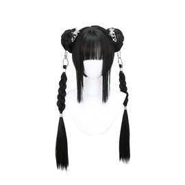 Twin Dumpling Cosplay Wig, Chinese, Lolita Style, Hanging Braid, Black, Harajuku Style, GAL, Cosplay Wig, Gothic, Gothic Lolita, Wig, Halloween, Costume, Princess, Mori Girl, Small Face, Cute Party,