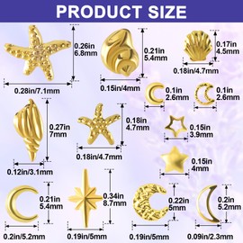 YALOJE 2 Disc 3D Ocean Nail Charm, Alloy Seashell Starfish Star Moon Nail Art Stickers, Summer Beach Nail Gems Decoration for Women, DIY Crafts, Cellphones- Gold, 12 Styles B