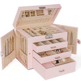 AKOZLIN 4-Tier Jewelry Box Lockable Leather Jewelry Storage Case Organizer with 3 Drawers for Women Girls Ring Necklace Earring Bracelet Watches Holder with Mirror Pink