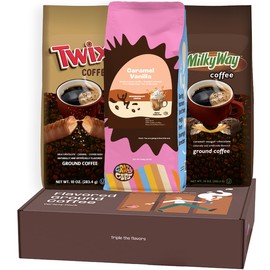 Perfect Samplers Flavored Ground Coffee Gift Box Variety Pack, Milky Way, Twix, Caramel Vanilla, Medium Roast Ground Coffee Sampler, 3 Pack