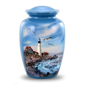 Lighthouse Urn - Full Size Portland Head Lighthouse Cremation Urn – Adult Urns for Men and Women – Ocean Blue Funeral and Memorial Urns for Human Ashes Upto 210 Lbs with Velvet Bag (Large)