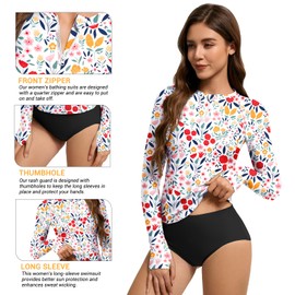 Women's Rash Guard Swim Top Long Sleeve Bathing Suits Modest Athletic Surf Swimwear, Spring Flower 2XL