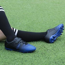 brooman Kids Firm Ground Soccer Cleats Boys Girls Athletic Outdoor Football Shoes (4,Blue Black)