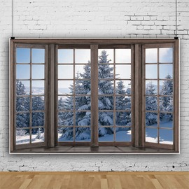 Renaiss 7x5ft Winter Backdrop Winter Window Forest Photography Background Christmas Decoration Wall Banner Season Natural Landscape Backdrop New Year Party Decorations Studio Photo Props