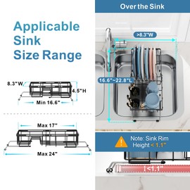iSPECLE Small Sink Dish Drying Rack, Expandable Narrow Rust Resistant Dish Drainer for RV Apartment Kitchen, Dish Rack with Tightening Knob, Arms with Non Slip Rubber, 8.3" W x 16.6"-24" L, Black