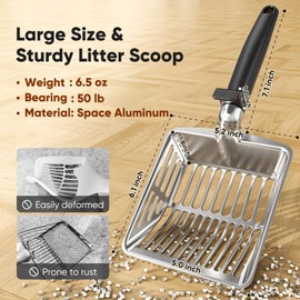 KooMooM Metal Cat Litter Scoop, Large Cat Scooper with Deep Shovel & Dual Sifting Holes for Fast & Precise Sifting, Space Aluminum Kitty Litter Scooper with Long Handle & Easy-to-Hang Hook - Grey