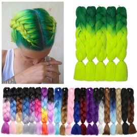Benehair Ombre Braiding Hair 5 Bundles/lot 24inch Jumbo Braiding Hair Extensions High Temperature Synthetic Braid Hair Braiding Hair Pre Stretched Braid Extensions (Dark Green+Yellowish Green)