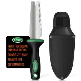 Scotts Steel Garden Knife with Sheath – Multi-Purpose Gardening Tool with Serrated Blade, Depth Markings, Non-Slip Handle, and Belt Attachment for Digging, Weeding, and Planting