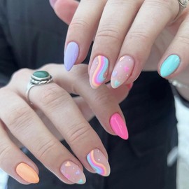 BAOYAALIN Press on Nails Medium Almond Shaped Fake Nails with Rainbow Colorful Heart Design Full Cover False Acrylic Glue Stick on Nail for Women Girls 24Pcs