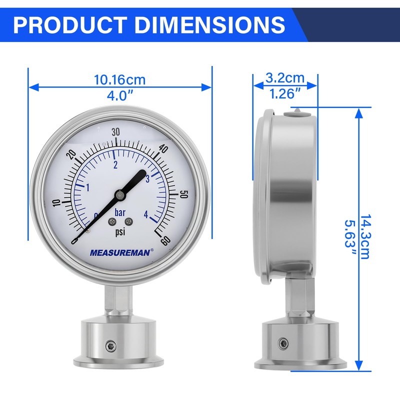 MEASUREMAN 0-60 PSI Sanitary Pressure Gauge - Liquid Filled Stainless