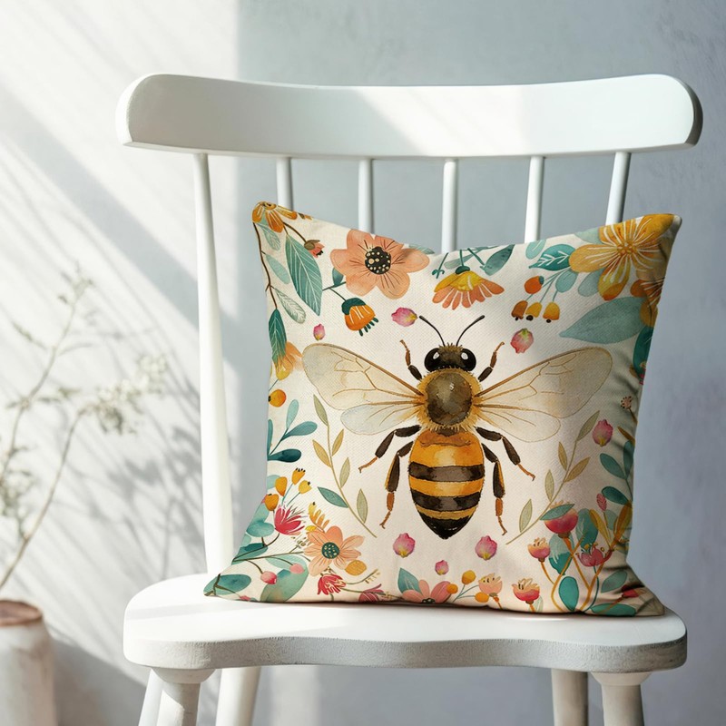 Bumble Bee Floral Decorative Throw Pillow Covers 18 x 18
