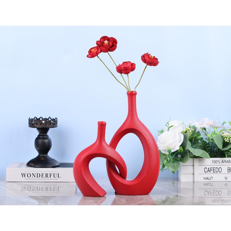 WUBIANJIE Red Ceramic Vase Set - Modern Boho Decor, Snuggle
