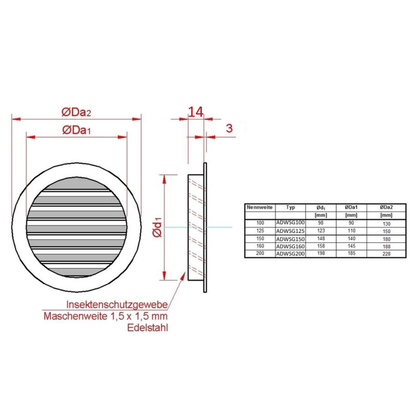 Weather protection grille black/grey DN: 100 125 150 160 200