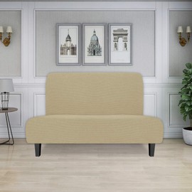 Easy-Going - Funda elástica para futón sin Brazos, Protector de Muebles sin reposabrazos con Parte Inferior elástica para niños, Tela Jacquard Suave a Cuadros Medium Futon Beige