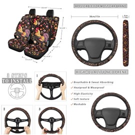 Suobstales Rooster Chicken Floral Print Cars Seat Covers Full Set of 13,Car Accessories Steering Wheel Cover + Seat Belt Covers Pads + Rearview Mirror Cover + Car Trash Can + Coasters + Keychains